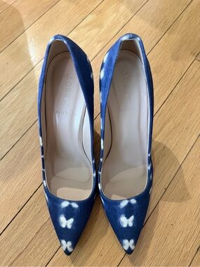 J. Crew Blue Pointed-Toe Pumps with White Butterfly Motif